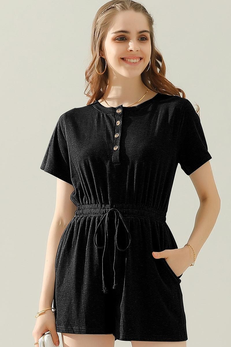 DRAWSTRING BUTTON UP POCKET JUMPSUIT - Doublju