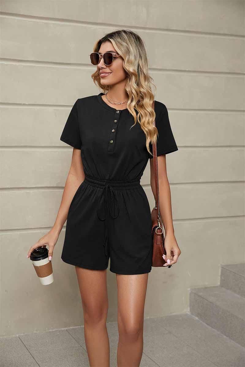 DRAWSTRING BUTTON UP POCKET JUMPSUIT - Doublju