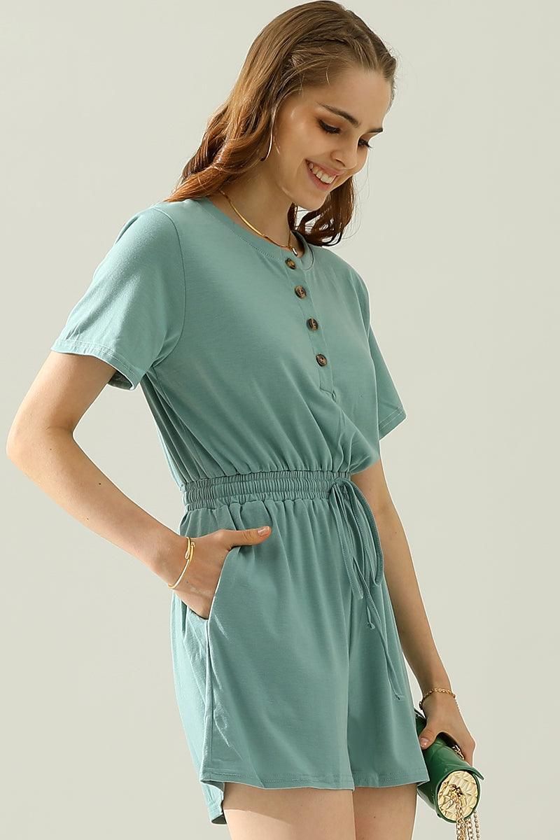 DRAWSTRING BUTTON UP POCKET JUMPSUIT - Doublju