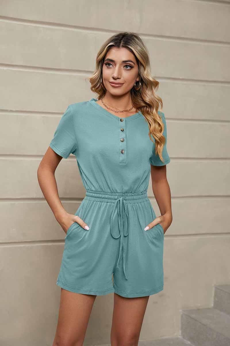 DRAWSTRING BUTTON UP POCKET JUMPSUIT - Doublju