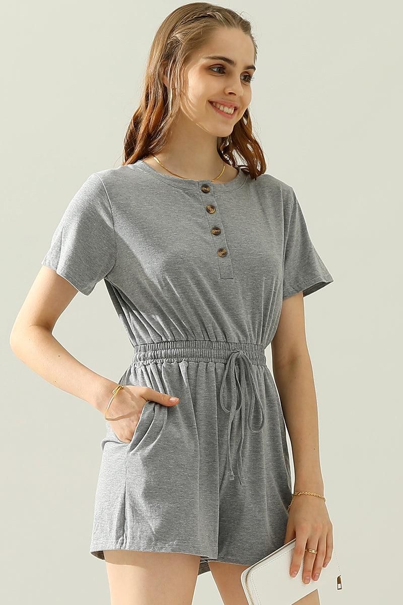 DRAWSTRING BUTTON UP POCKET JUMPSUIT - Doublju