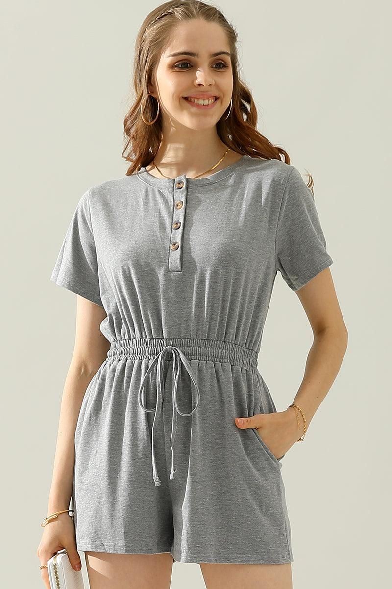 DRAWSTRING BUTTON UP POCKET JUMPSUIT - Doublju