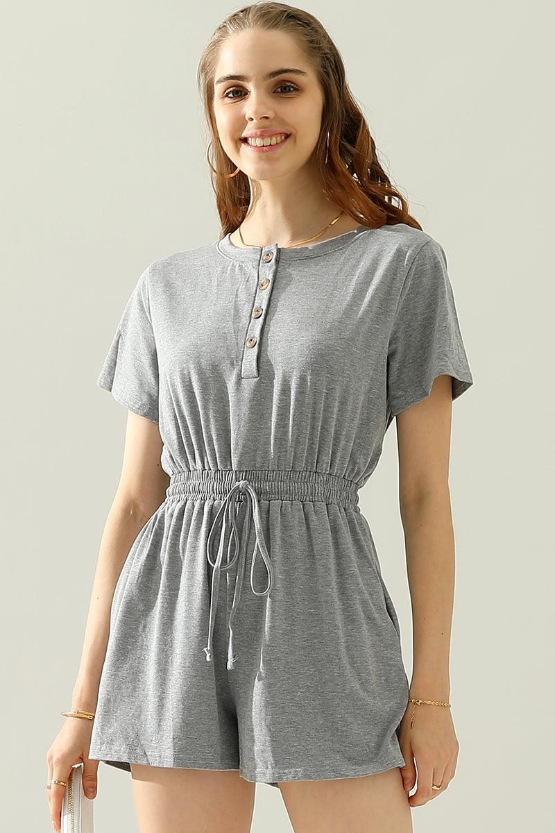 DRAWSTRING BUTTON UP POCKET JUMPSUIT - Doublju