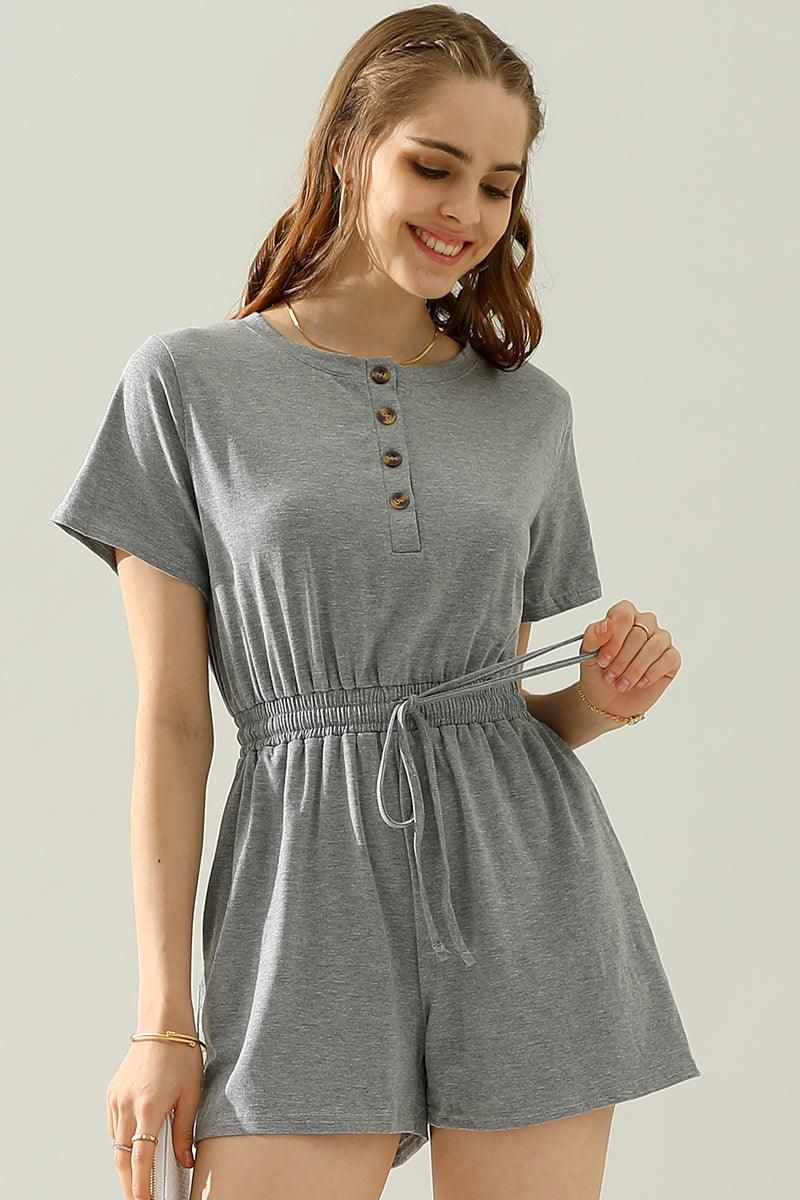 DRAWSTRING BUTTON UP POCKET JUMPSUIT - Doublju