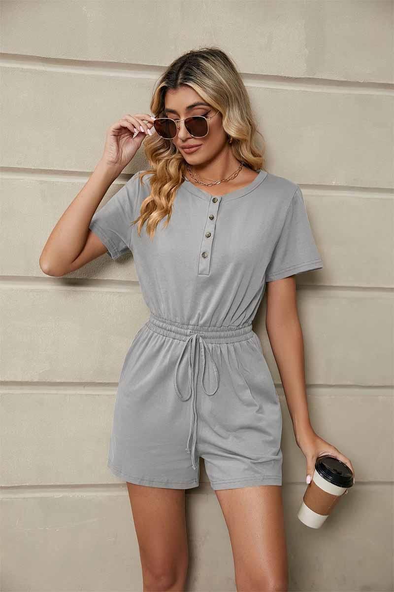 DRAWSTRING BUTTON UP POCKET JUMPSUIT - Doublju