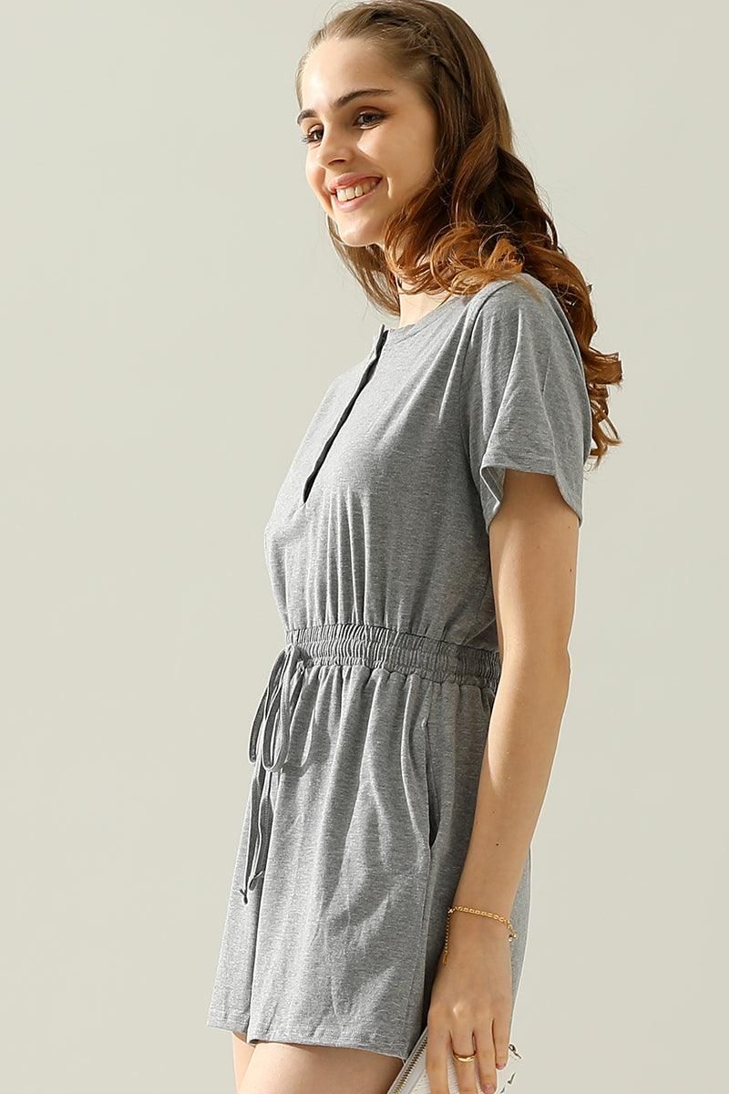 DRAWSTRING BUTTON UP POCKET JUMPSUIT - Doublju