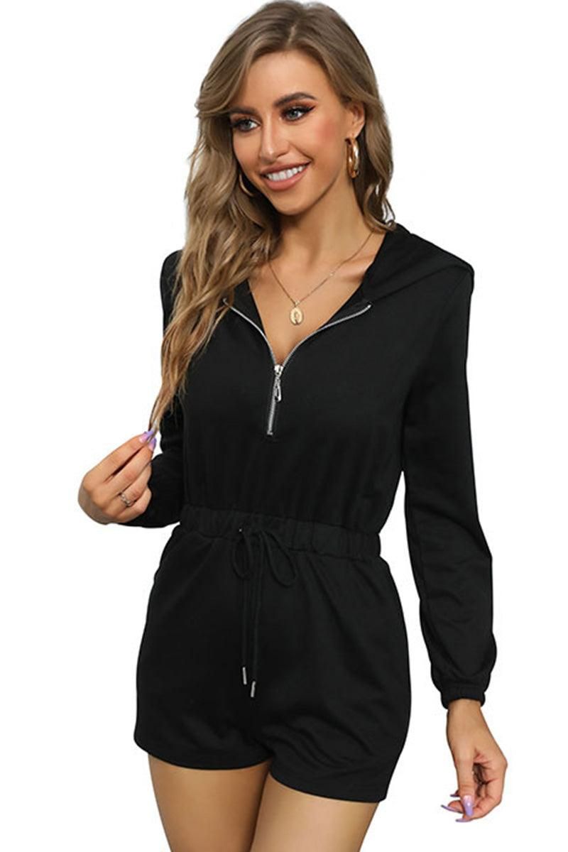 ZIP UP HODDIE DRAWSTRING LONG SLEEVED JUMPSUIT - Doublju