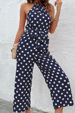 DOT HALTER NECK TIED WAIST WIDE JUMPSUIT - Doublju