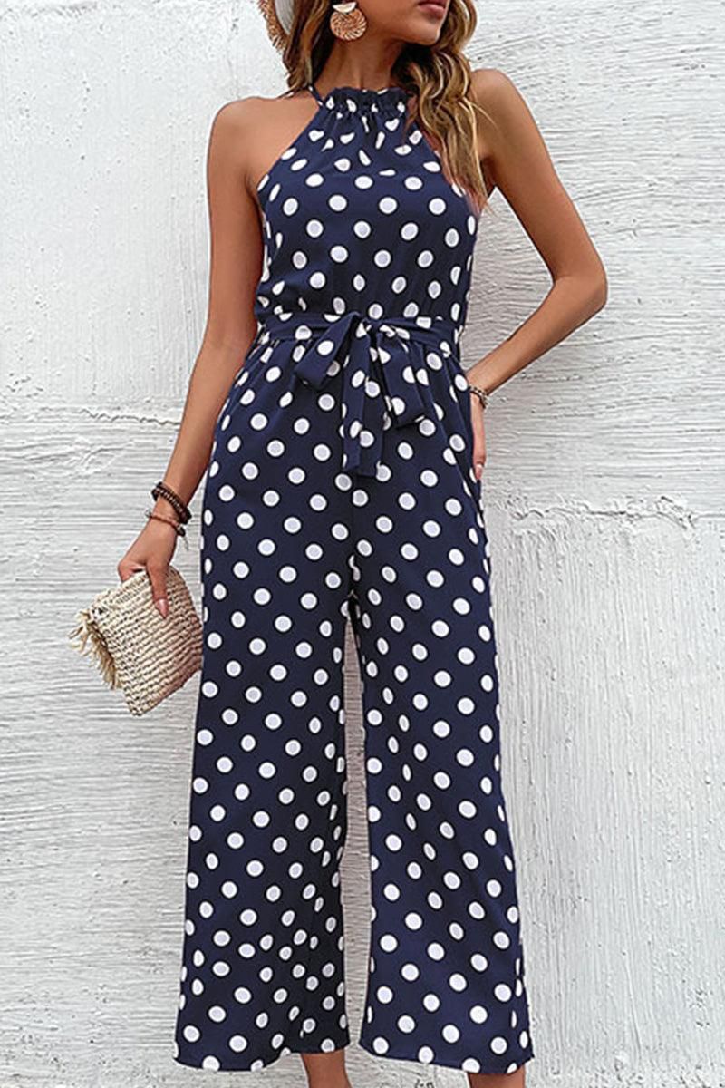 DOT HALTER NECK TIED WAIST WIDE JUMPSUIT - Doublju