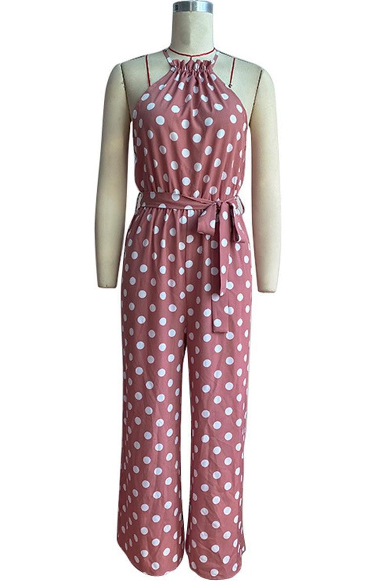 DOT HALTER NECK TIED WAIST WIDE JUMPSUIT - Doublju