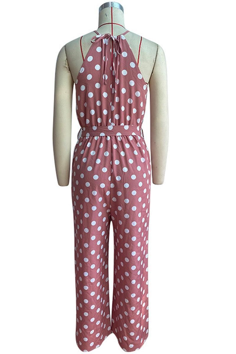 DOT HALTER NECK TIED WAIST WIDE JUMPSUIT - Doublju