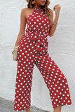 DOT HALTER NECK TIED WAIST WIDE JUMPSUIT - Doublju