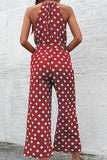 DOT HALTER NECK TIED WAIST WIDE JUMPSUIT - Doublju