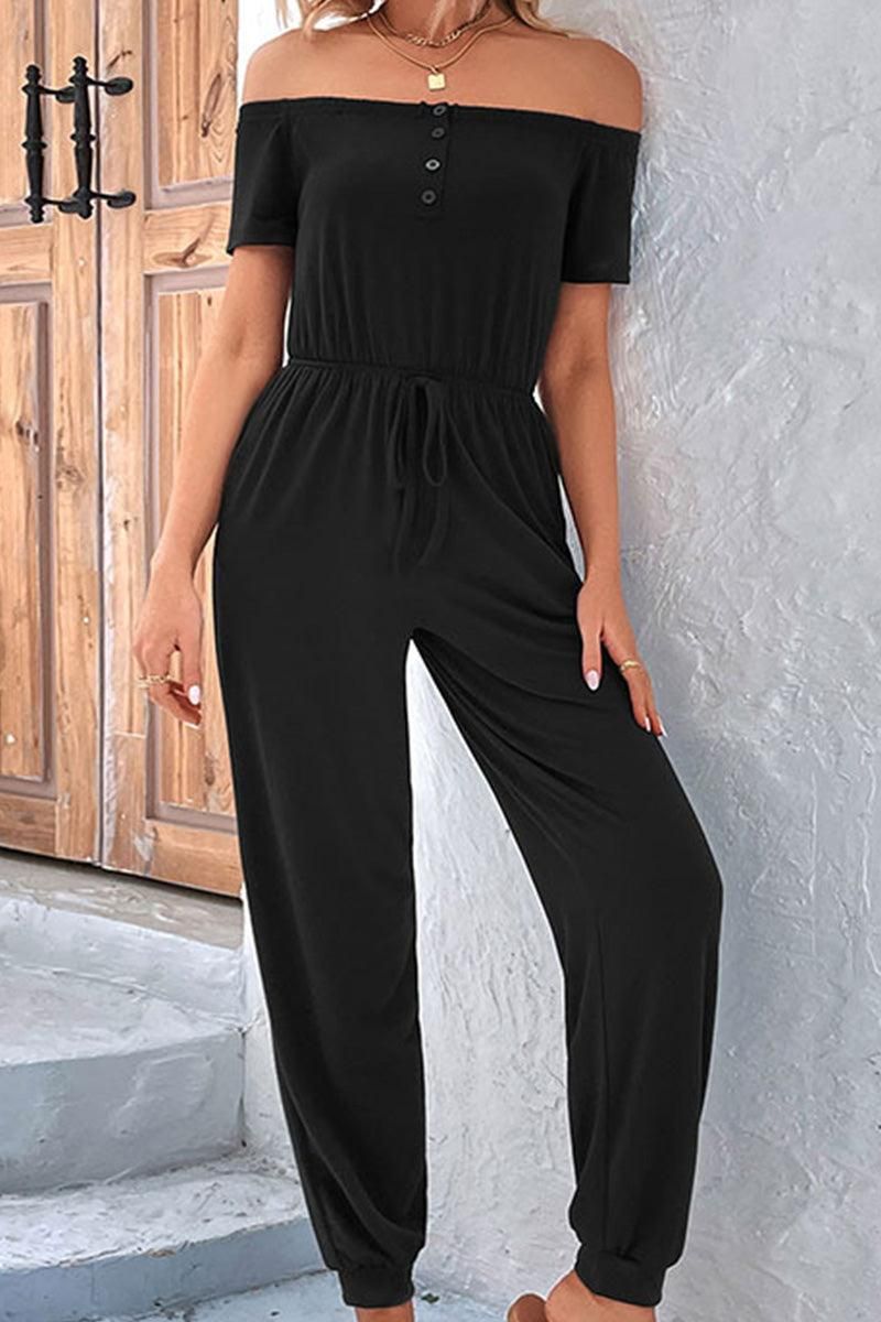 OFF SHOULDER DROWSTRING JUMPSUIT - Doublju