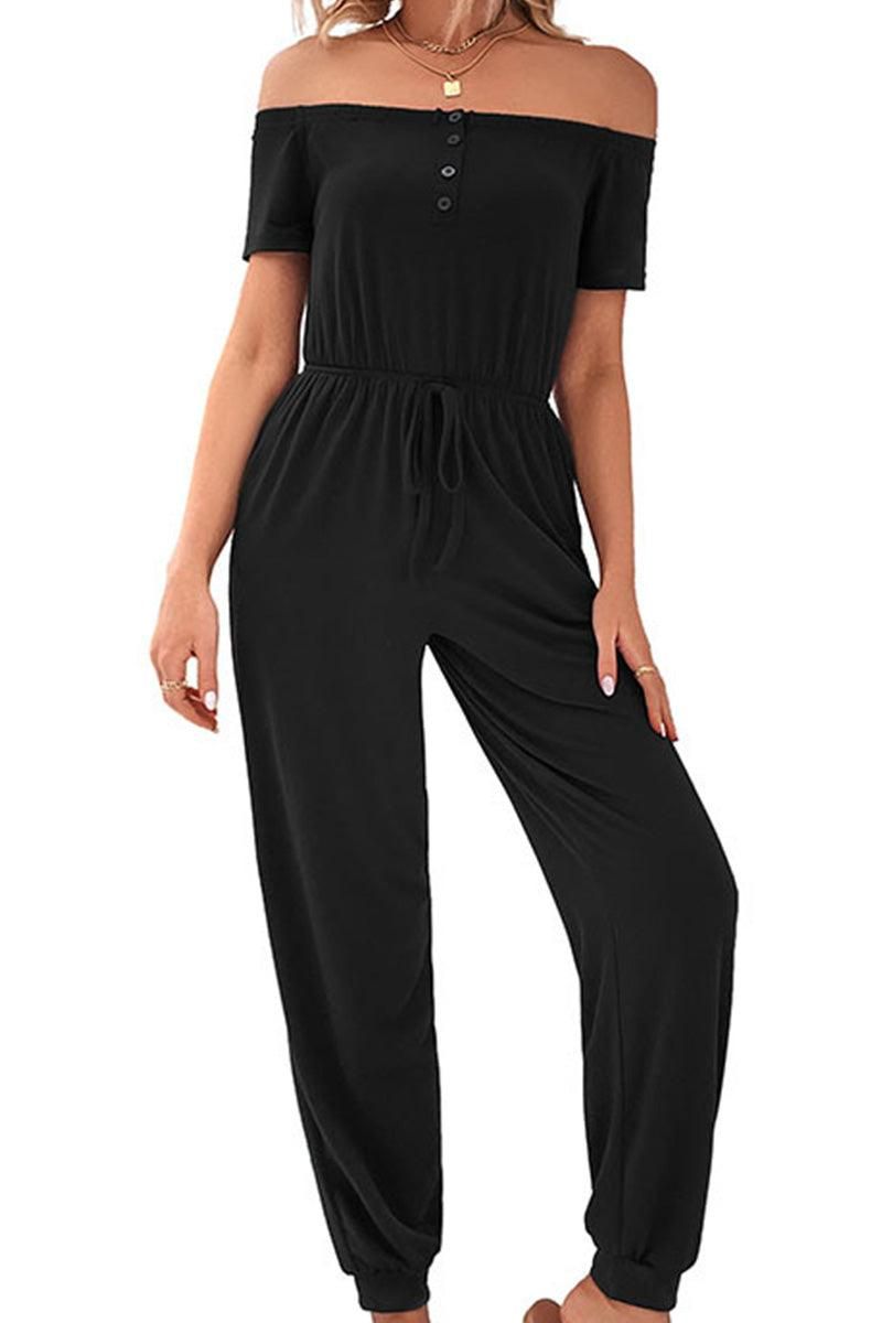 OFF SHOULDER DROWSTRING JUMPSUIT - Doublju