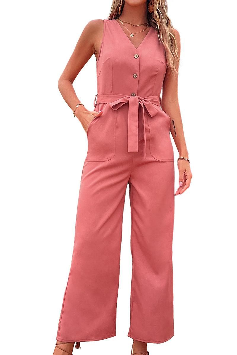 BIG POCKET TIED WAIST SLEEVELESS JUMPSUIT - Doublju