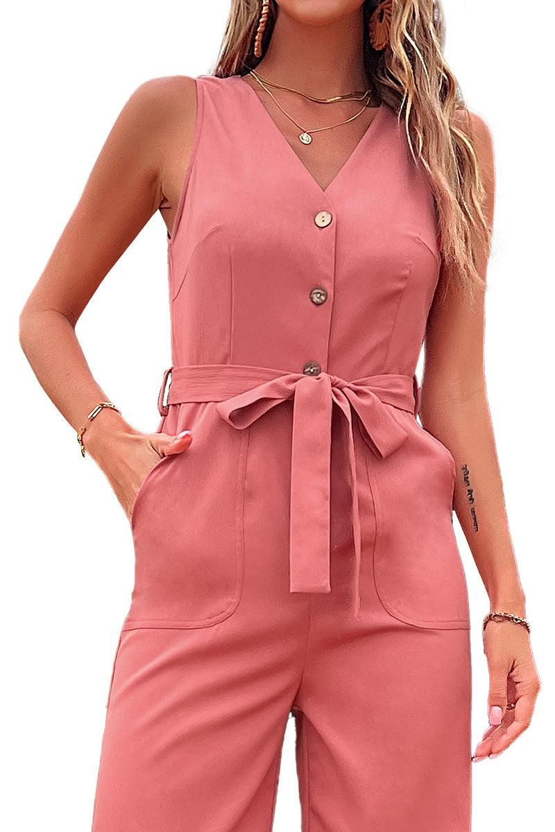 BIG POCKET TIED WAIST SLEEVELESS JUMPSUIT - Doublju