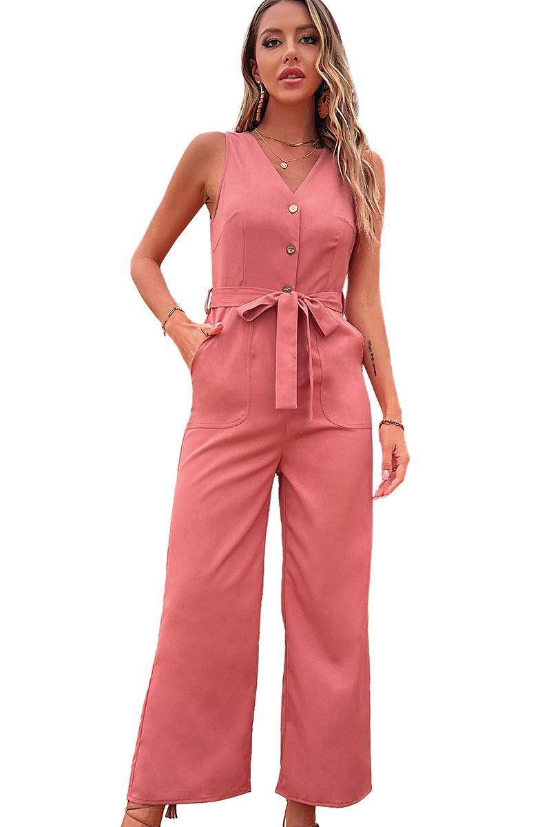 BIG POCKET TIED WAIST SLEEVELESS JUMPSUIT - Doublju