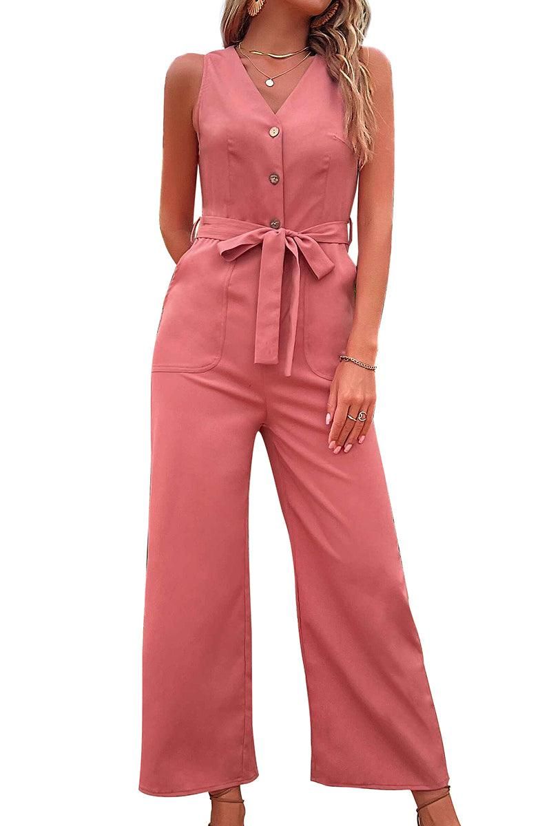 BIG POCKET TIED WAIST SLEEVELESS JUMPSUIT - Doublju