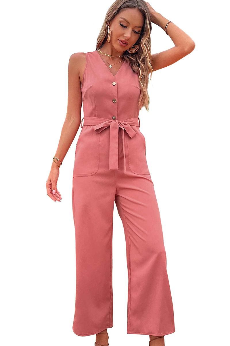 BIG POCKET TIED WAIST SLEEVELESS JUMPSUIT - Doublju