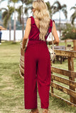 V NECK TIED WAIST RIBBON STRAP WIDE JUMPSUIT - Doublju