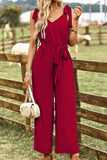 V NECK TIED WAIST RIBBON STRAP WIDE JUMPSUIT - Doublju