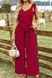 V NECK TIED WAIST RIBBON STRAP WIDE JUMPSUIT - Doublju