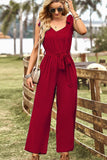 V NECK TIED WAIST RIBBON STRAP WIDE JUMPSUIT - Doublju