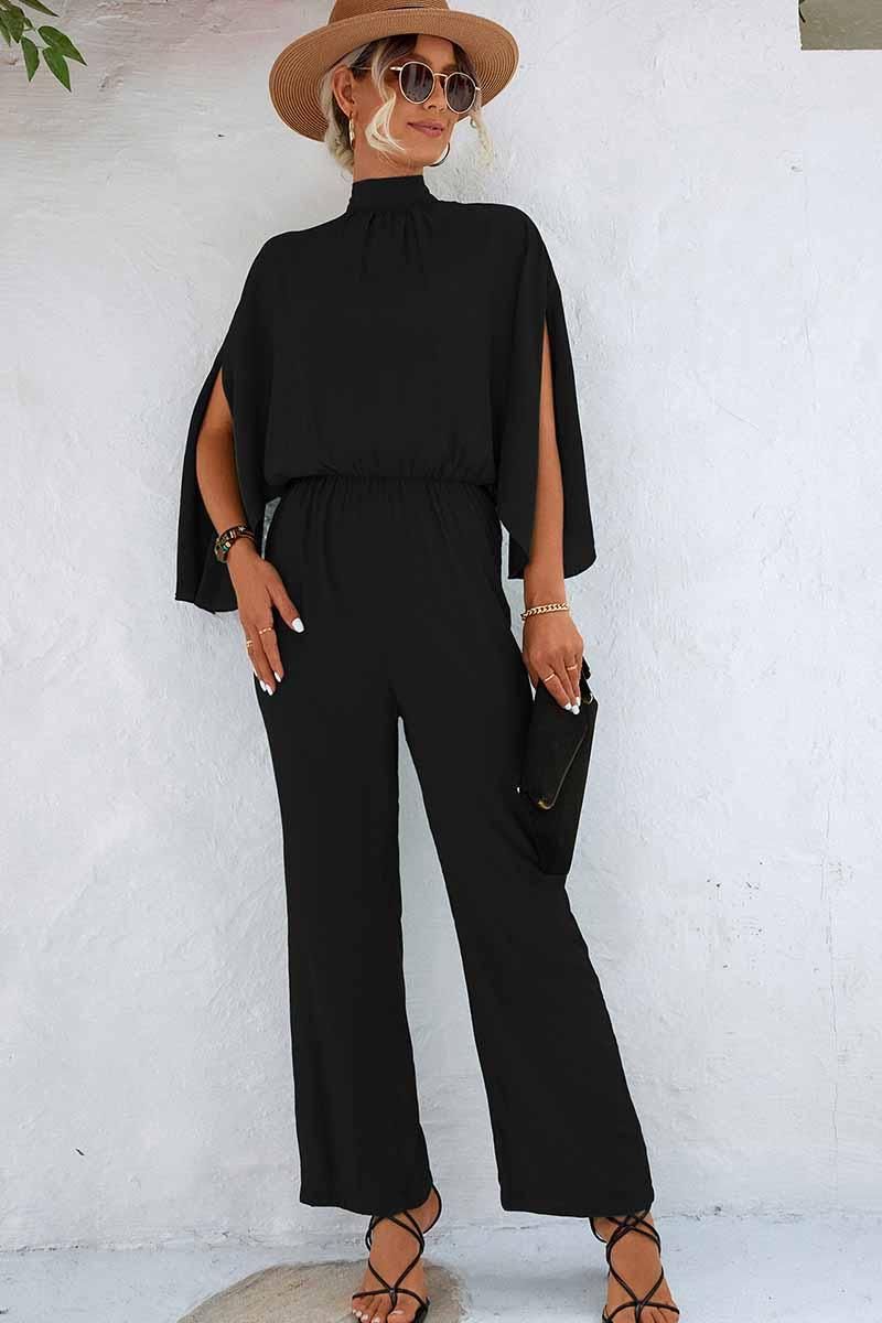 HIGH NECK SLIT BACK CAPE SLEEVE JUMPSUIT - Doublju