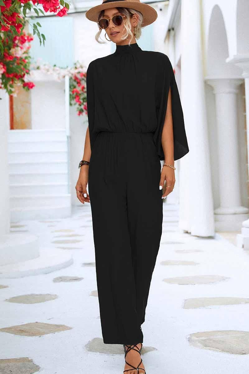 HIGH NECK SLIT BACK CAPE SLEEVE JUMPSUIT - Doublju