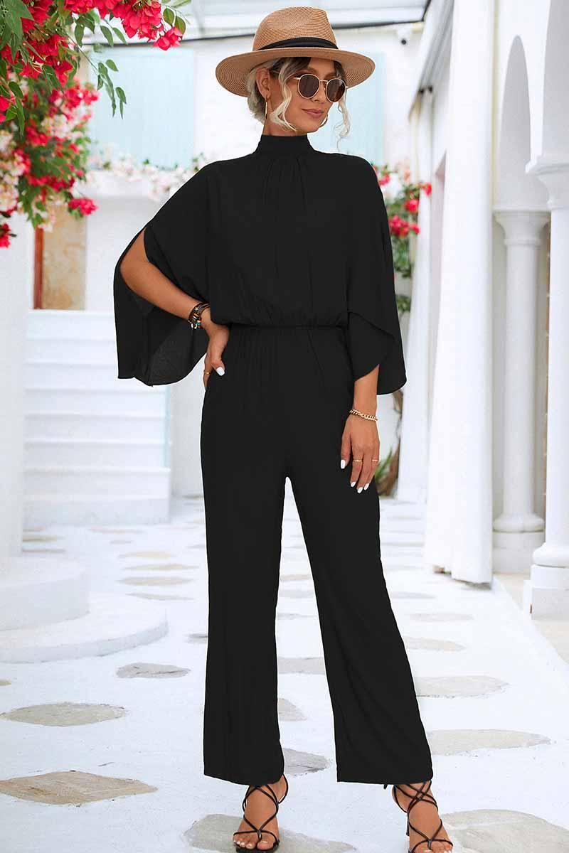 HIGH NECK SLIT BACK CAPE SLEEVE JUMPSUIT - Doublju