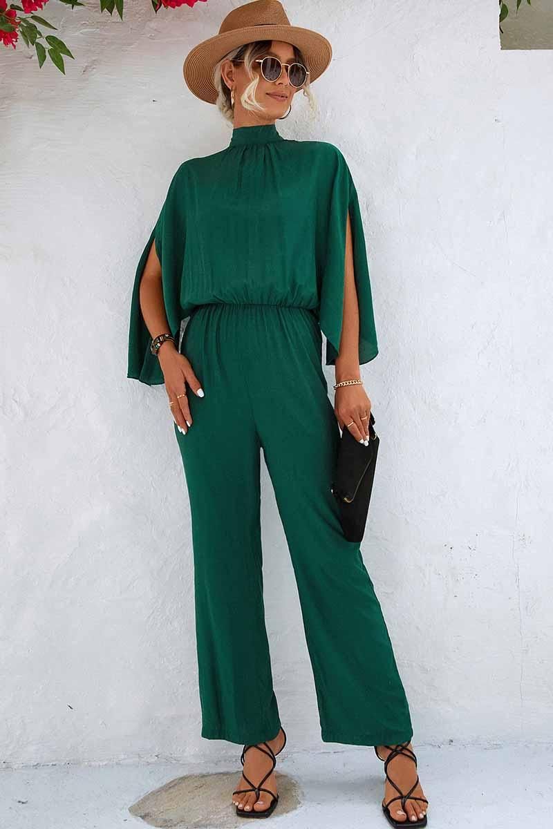 HIGH NECK SLIT BACK CAPE SLEEVE JUMPSUIT - Doublju