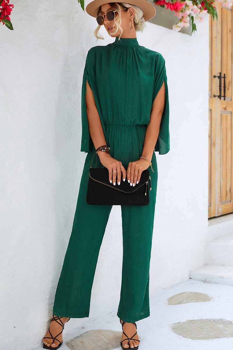 HIGH NECK SLIT BACK CAPE SLEEVE JUMPSUIT - Doublju