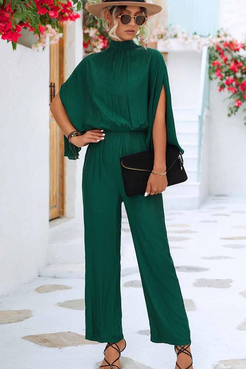 HIGH NECK SLIT BACK CAPE SLEEVE JUMPSUIT - Doublju