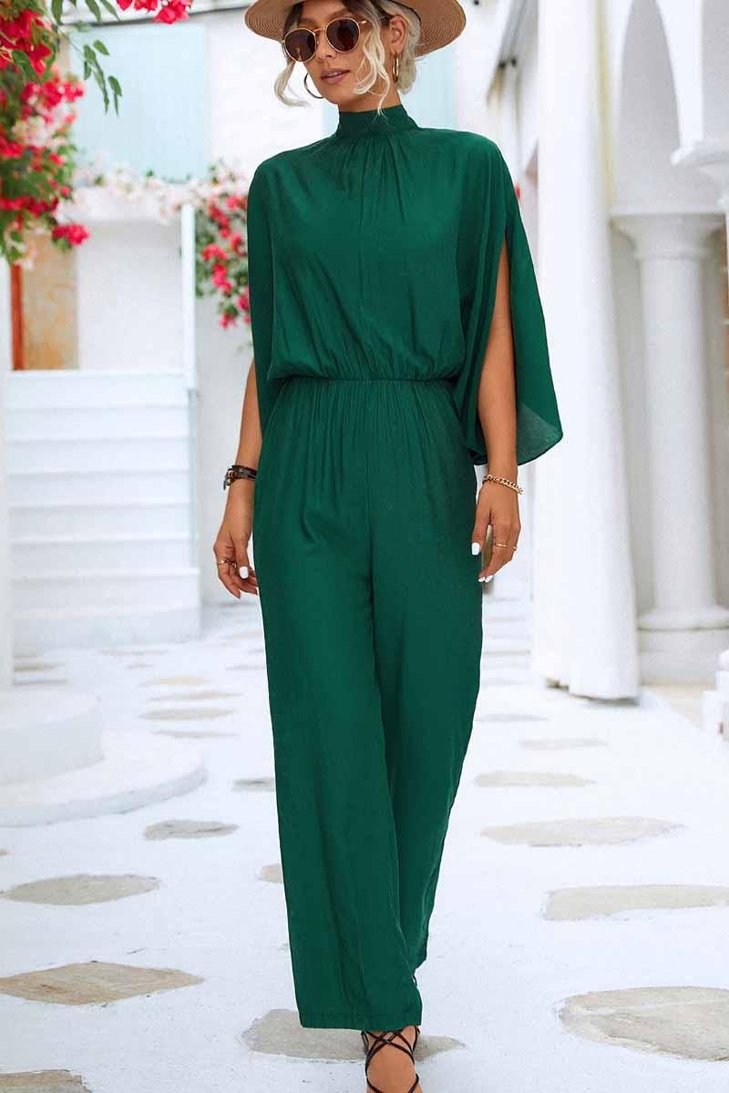 HIGH NECK SLIT BACK CAPE SLEEVE JUMPSUIT - Doublju