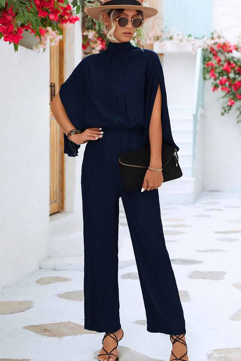 HIGH NECK SLIT BACK CAPE SLEEVE JUMPSUIT - Doublju