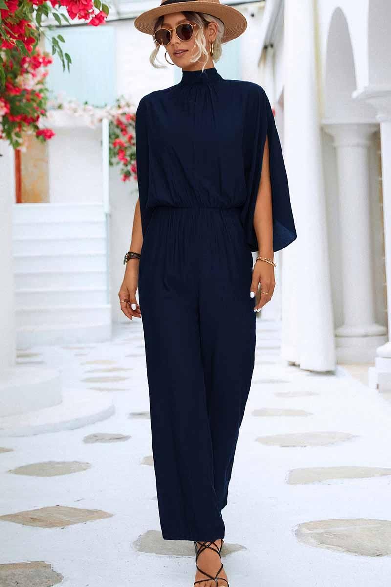 HIGH NECK SLIT BACK CAPE SLEEVE JUMPSUIT - Doublju