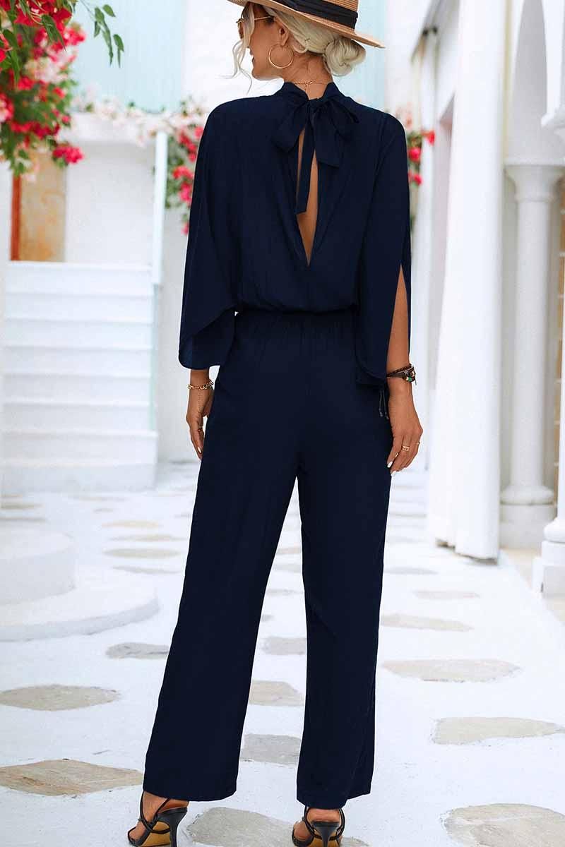 HIGH NECK SLIT BACK CAPE SLEEVE JUMPSUIT - Doublju