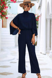 HIGH NECK SLIT BACK CAPE SLEEVE JUMPSUIT - Doublju