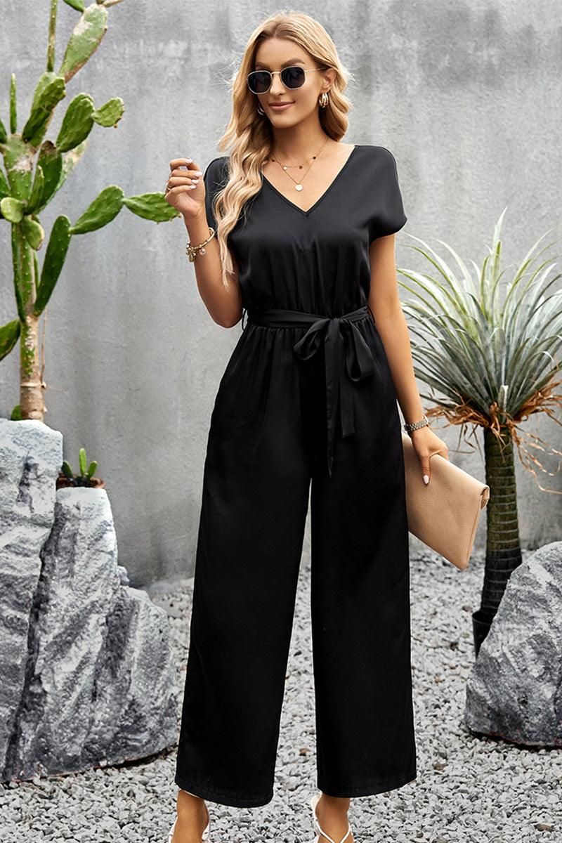 V NECK TIED WAIST SHORT SLEEVE WIDE JUMPSUIT - Doublju