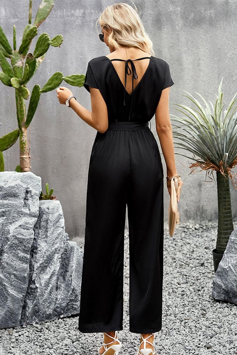 V NECK TIED WAIST SHORT SLEEVE WIDE JUMPSUIT - Doublju