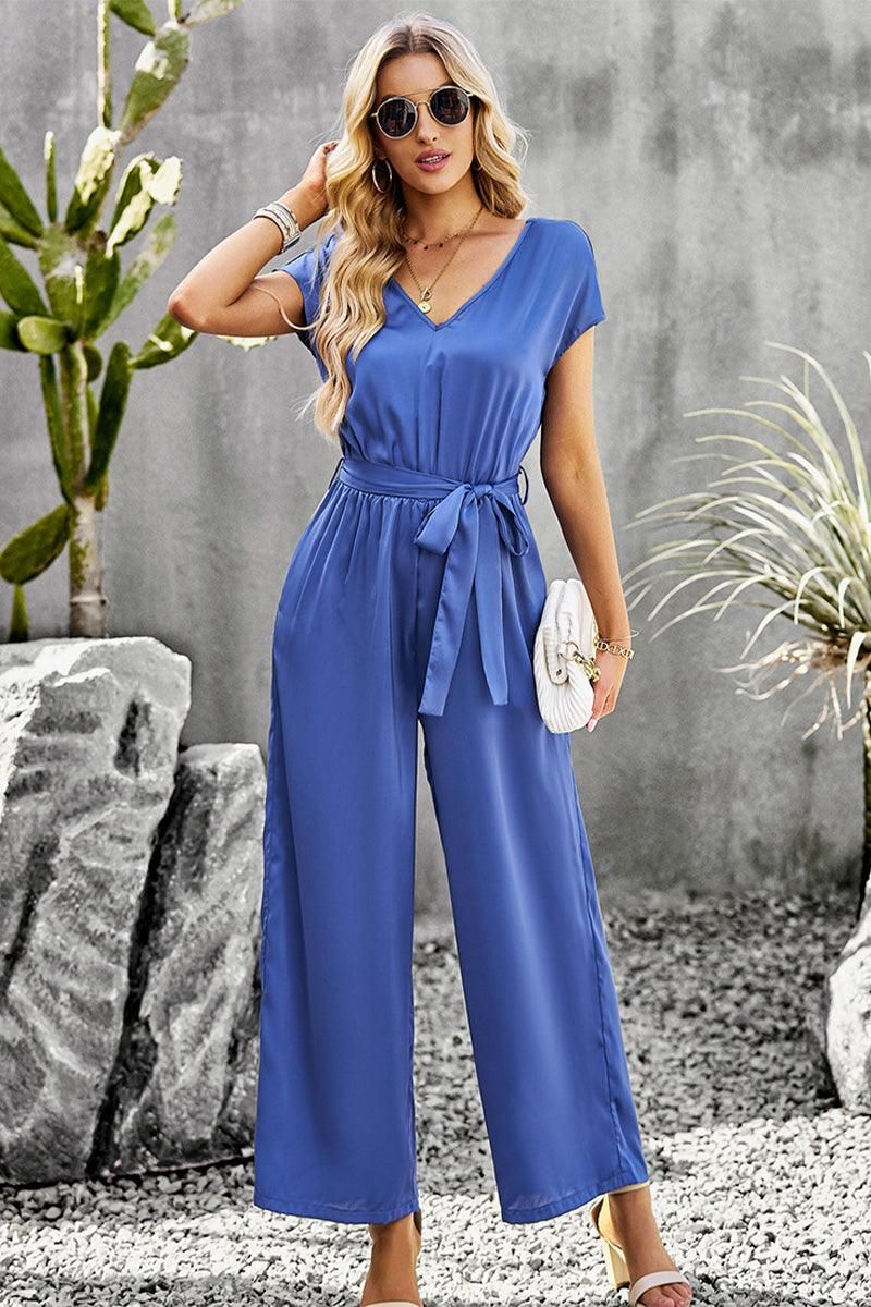 V NECK TIED WAIST SHORT SLEEVE WIDE JUMPSUIT - Doublju