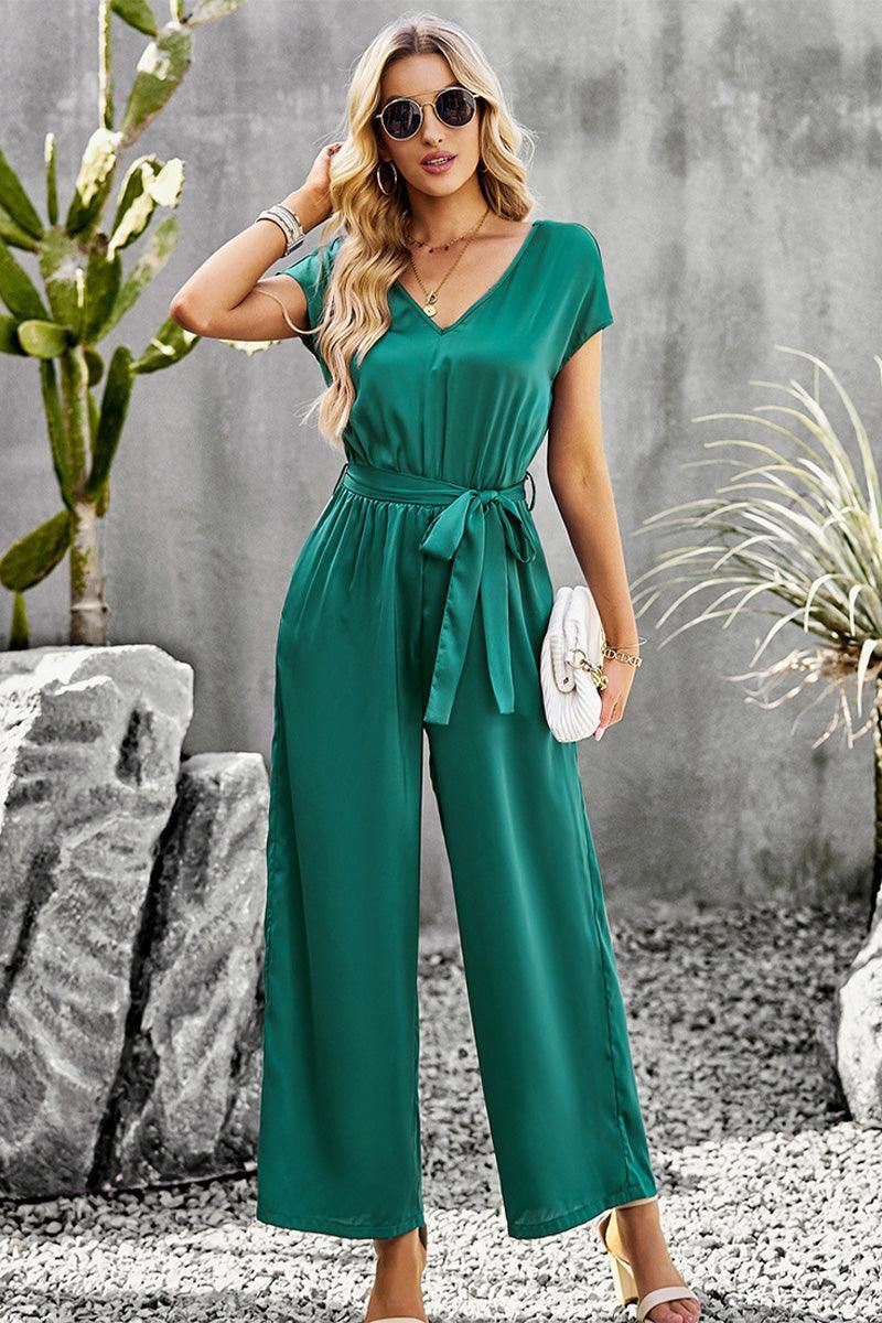 V NECK TIED WAIST SHORT SLEEVE WIDE JUMPSUIT - Doublju