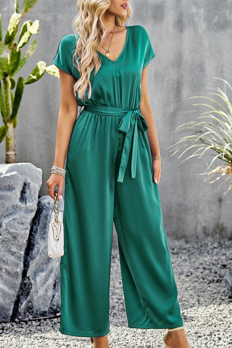 V NECK TIED WAIST SHORT SLEEVE WIDE JUMPSUIT - Doublju