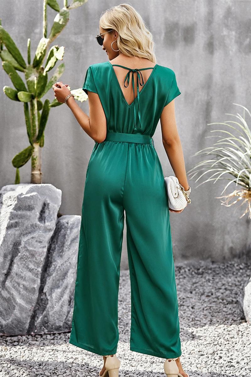 V NECK TIED WAIST SHORT SLEEVE WIDE JUMPSUIT - Doublju