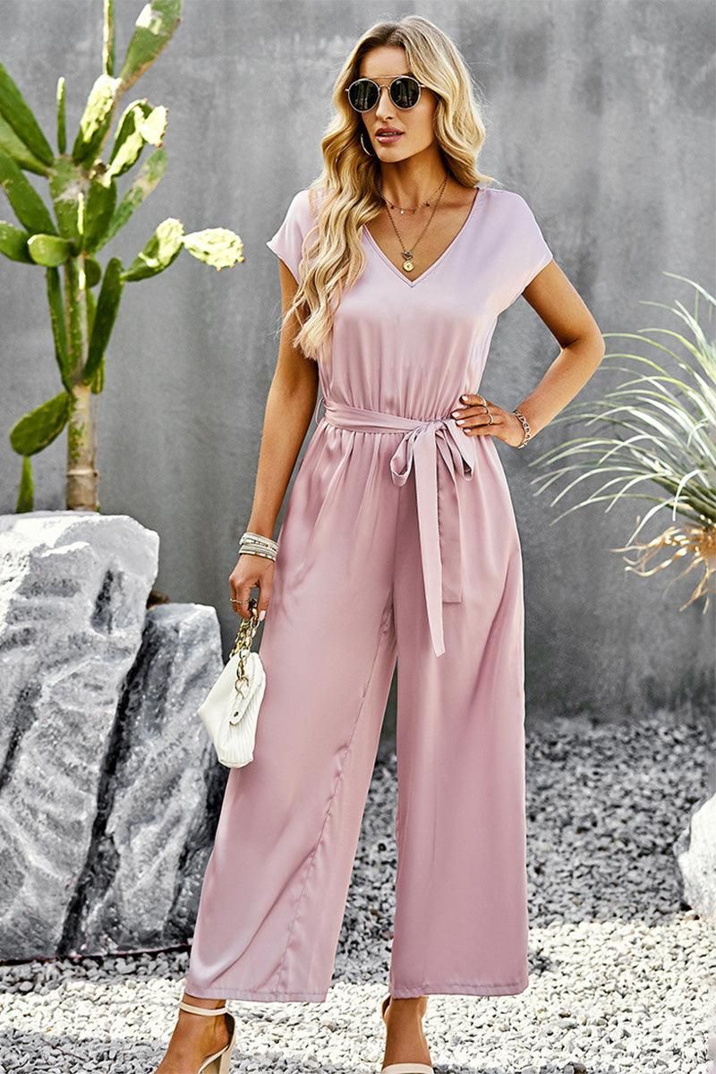 V NECK TIED WAIST SHORT SLEEVE WIDE JUMPSUIT - Doublju