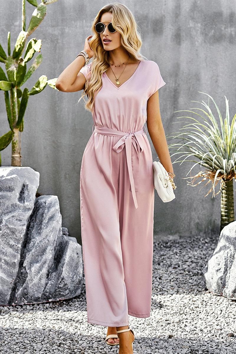 V NECK TIED WAIST SHORT SLEEVE WIDE JUMPSUIT - Doublju