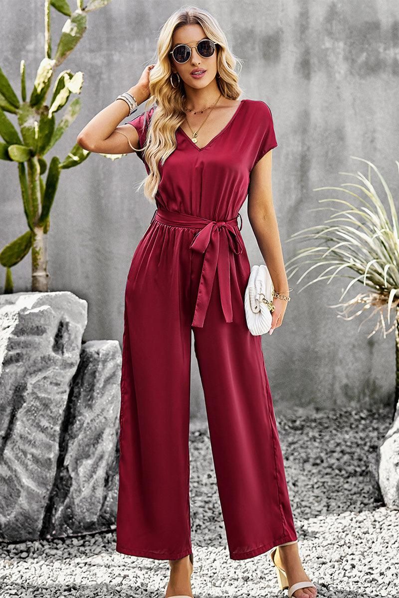 V NECK TIED WAIST SHORT SLEEVE WIDE JUMPSUIT - Doublju