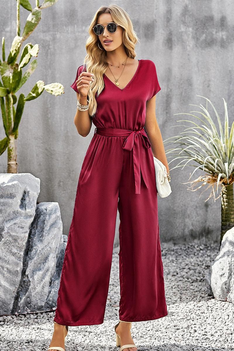 V NECK TIED WAIST SHORT SLEEVE WIDE JUMPSUIT - Doublju