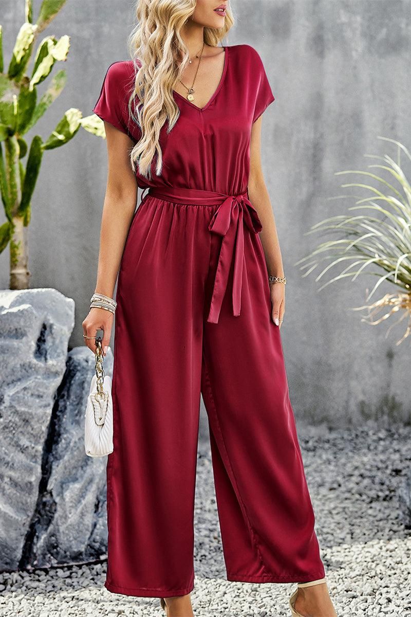 V NECK TIED WAIST SHORT SLEEVE WIDE JUMPSUIT - Doublju